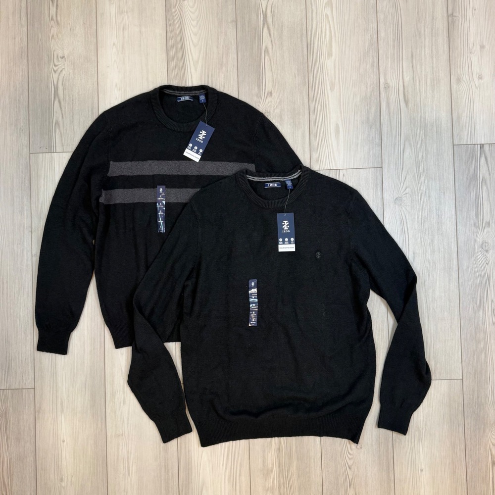 Lot of 2 New IZOD Premium Essentials Men M Black Crewneck Sweaters Soft Stretch